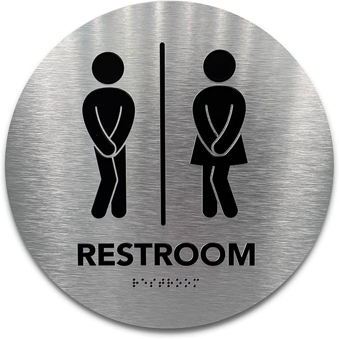 Circle Unisex Boutique Bathroom Sign by GDS - Raised Icons, & Grade 2 Braille - Includes Adhesive Strips for Easy Installation - Bathroom Signs for Business, Restroom Signs for Business, Unisex Bathroom Sign - 9” Diameter (Brushed Aluminum) - Made in USA