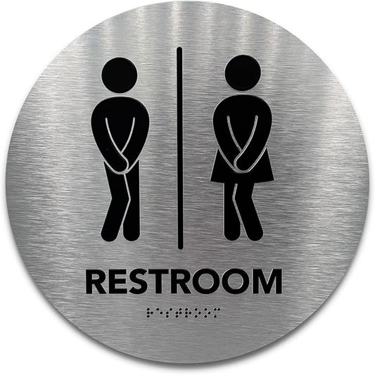 Circle Unisex Boutique Bathroom Sign by GDS - Raised Icons, & Grade 2 Braille - Includes Adhesive Strips for Easy Installation - Bathroom Signs for Business, Restroom Signs for Business, Unisex Bathroom Sign - 9” Diameter (Brushed Aluminum) - Made in USA