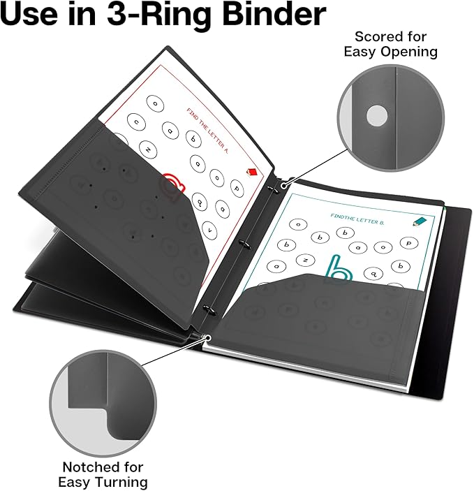 Dunwell Plastic 2-Pocket Folders for 3-Ring Binders, (3 Pack, Black) 3 Hole Punched, Divider Folder for Notebooks, Heavy Duty Poly, Fits 8.5x11 Sheets, Includes Labels