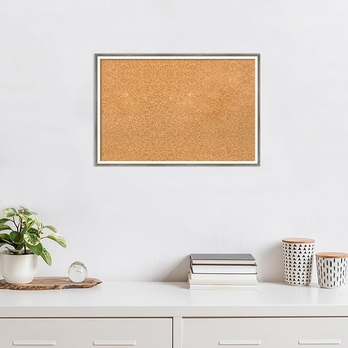 Amanti Art Natural Cork Board for Wall, 17x25 Vision Board with Silver Wood Frame, Medium Corkboard Office Decor for Home Organization, Modern Contemporary Corkboard Pinboard to display items for home