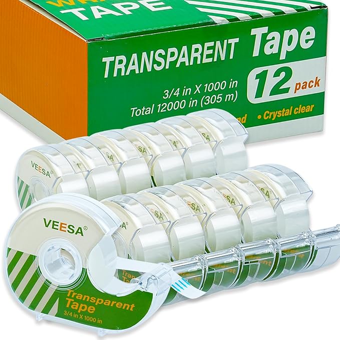 VEESA Transparent Tape with Dispenser, 3/4 x 1000 Inches, 12 Rolls Clear Tapes and Refillable Dispensers, Office Tape Rolls with Dispenser Bulk for Craft Jobs, Home & School Supplies