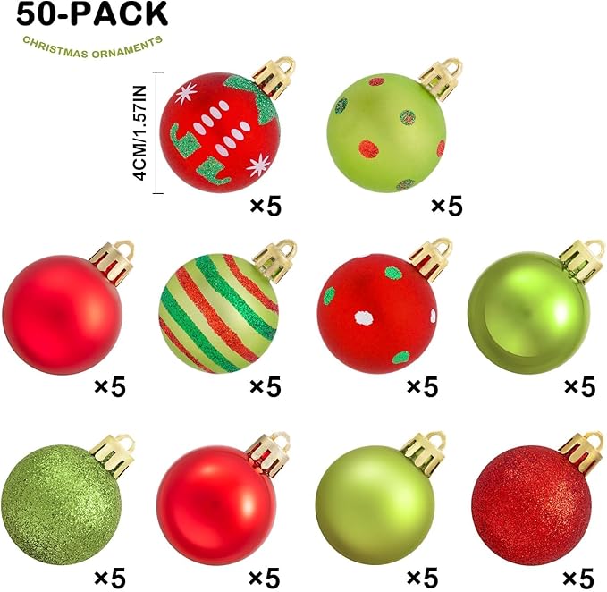 XmasExp 50ct Christmas Balls Ornaments for Tree - Red and Green Shatterproof Xmas Balls Set Mini 1.57 Inch Plastic Christmas Baubles for Holiday Party Decor