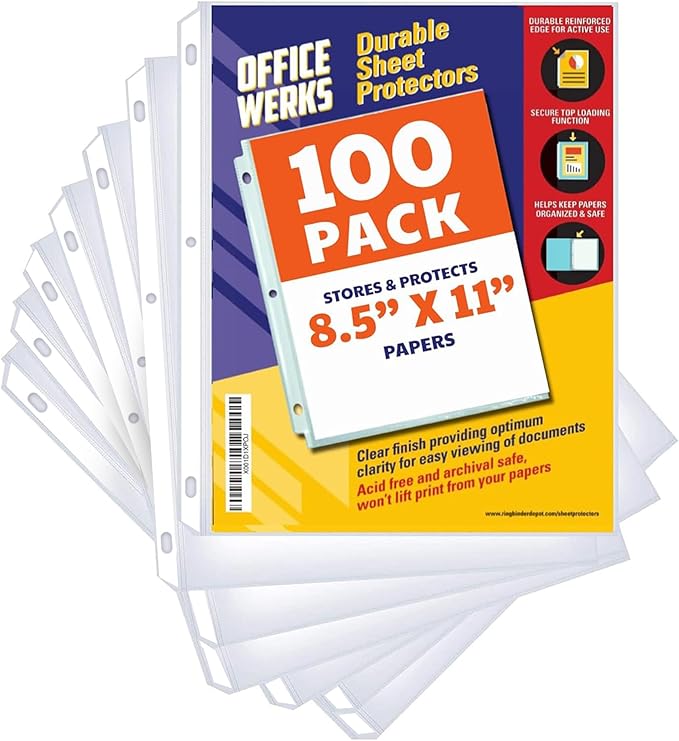 Office Werks 100 Clear Sheet Protectors, 8.5x11 Inch for 3 Ring Binder, Plastic Sheet Sleeves, Top Loading Paper Protector with Reinforced Holes, Archival Safe for Documents and Photos