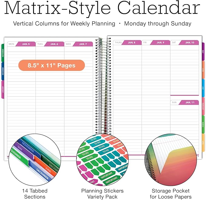 DELUXE 2026 Planner, 8.5"x11": 14 Months (November 2025 - December 2026), Includes Page Tabs, Bookmark, Planning Stickers, Pocket Folder Daily Weekly Monthly Planner Yearly Agenda (Teal Gold Marble)