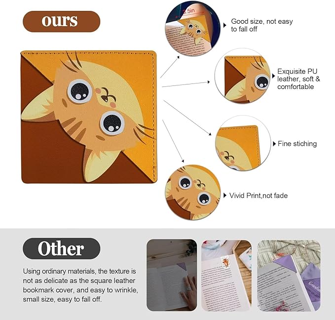Funny Cat Bookmarks, Personalized Leather Book Marks Clip Set of 4,Cute Corner Page Book Accessories for Women, Kids, Teachers Students Book Lovers Reading,for School Office Home Supplies