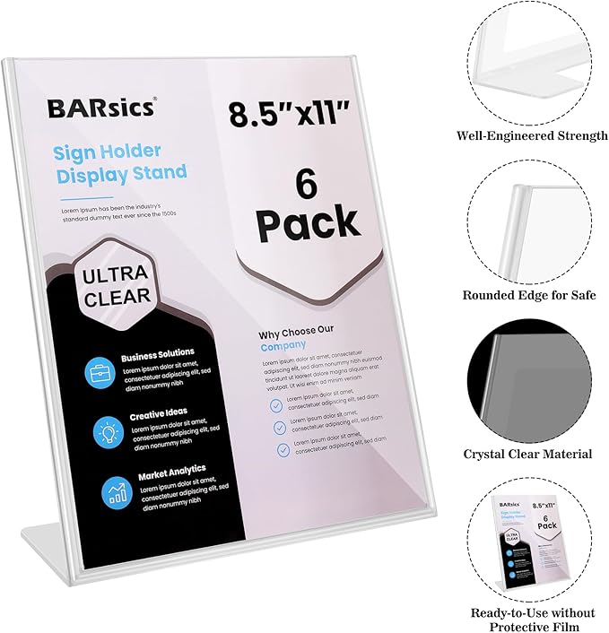 BARsics Plastic Sign Holder 8.5x11 Clear, Top-Load Paper Standing Display (Pack of 6)