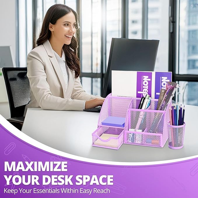 Flexzion Desk Caddy Organizer Set (Purple) - Metal Mesh Desktop Caddy with Drawers, 6 Compartments, and Pencil Holder for Women & Men - Desktop Organizer and Storage for Work or Office Supplies