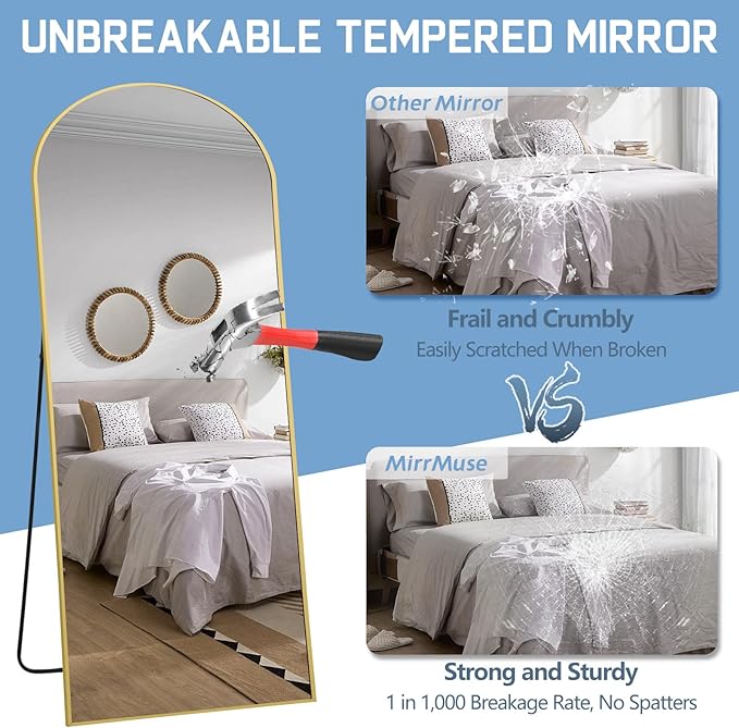 Floor Mirror Full Length, 56"X18" Gold Arch Full Length Body Mirror Wall Mounted with Thin Aluminum Frame, Tempered Glass Long Standing Mirror for Bedroom Living Room Dorm