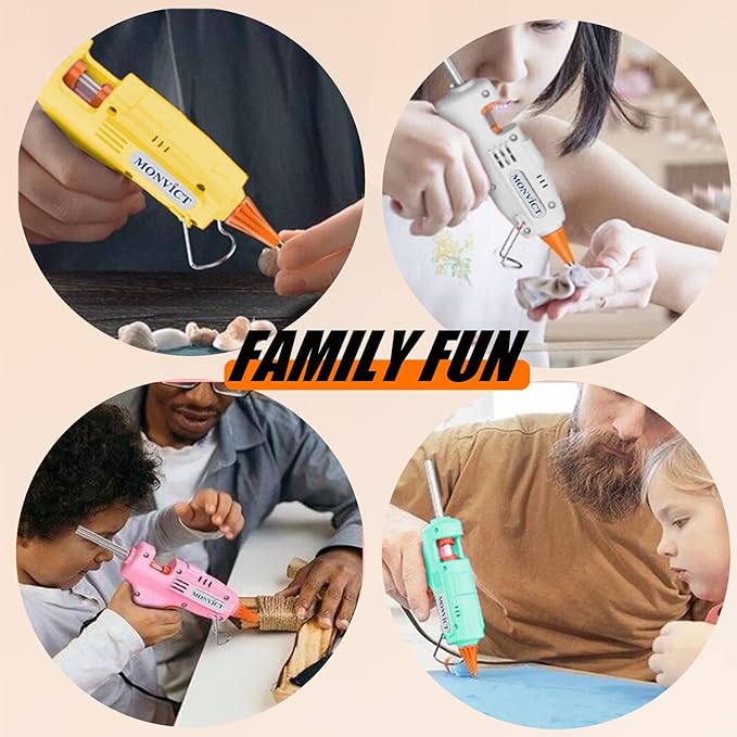 MONVICT 8 Pack 30W Hot Glue Gun Set with 50 Glue Sticks 2 Each of Pink/White/Lake Blue/Yellow - Easy to Use for DIY Crafts, Arts, Class Projects, School, Home Repairs - High Temp Mini Glue Guns