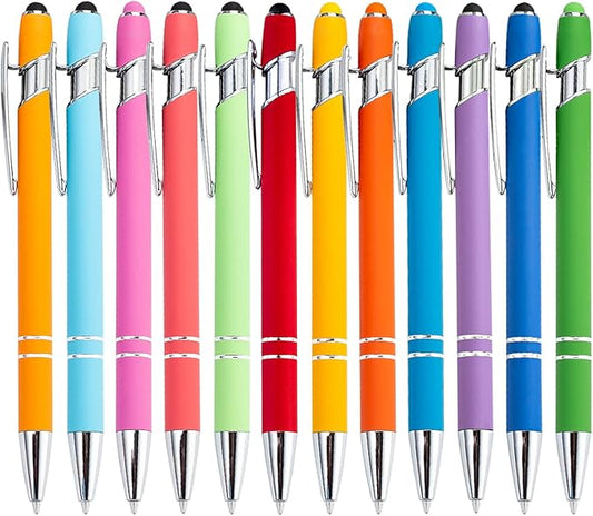 PASISIBICK 12 Pieces Rainbow Rubberized Soft Touch Ballpoint Pen with Stylus Tip, Stylish, Premium Metal Pen, Black Ink, Medium Point(Pack of 12)