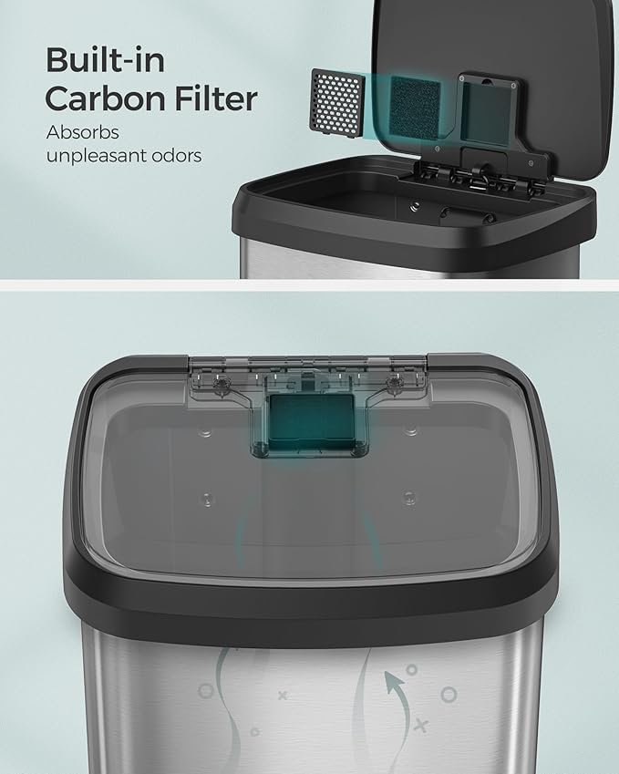 SONGMICS Kitchen Trash Can, 13 Gallon (50 L) Stainless Steel Garbage Can, with Stay-Open Lid and Step-on Pedal, Soft Closure, Tall, Large and Space-Saving, Silver and Black ULTB530E50