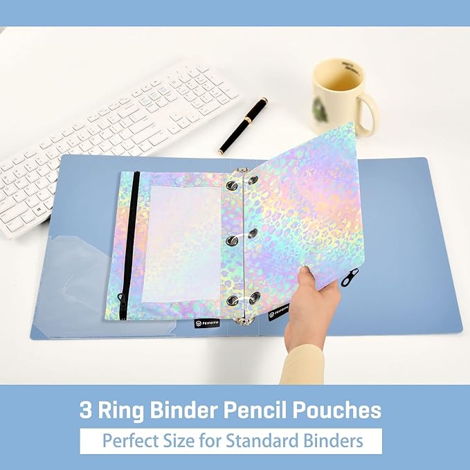 ALAZA Pencil Pouch for 3 Ring Binder, Rainbow Leopard Print Rose Gold Cheetah Binder Pencil Pouches with Clear Window Zipper Pencil Case Cosmetic Bags for Office College Supplies, 2PCS