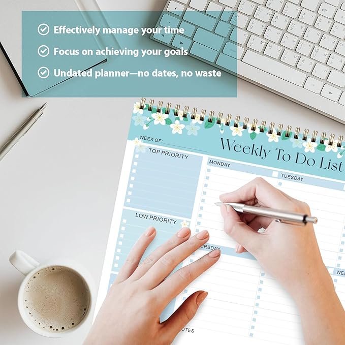 Weekly To Do List Notepad, Undated Planner with 52 Sheets (8.5''x11''), Desk Weekly Planner for Women & Man, Home School & Work (Flower)