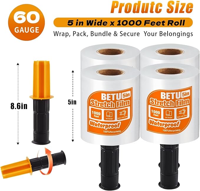 BETU Plastic Wrap Stretch Film for Moving Supplies 5inch X 1000ft, Shrink Wrap Stretch Roll Industrial for Furniture Wrapping Shipping Pallet Moving Boxes Storage with Handles, 4 Pack, Clear