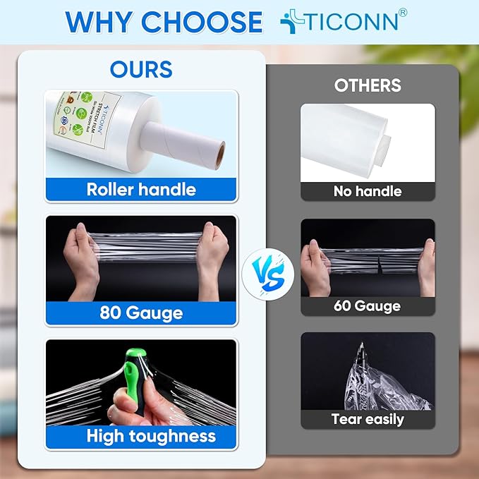 TICONN 4Pk Stretch Wrap Stretch Film Roll, 1000ft Industrial Strength 5 inch Wide Clear Plastic Wrap with Handles for Pallet Wrapping Shipping Moving