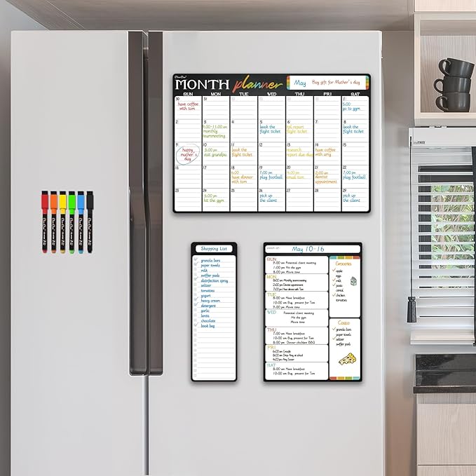 Magnetic Dry Erase Monthly Calendar Set - 17"x12" Monthly and 8.5"x12" Weekly Calendar, 4"x12" List Board for Fridge - 6 Extra Fine Point Dry Erase Markers Included - Shipped Flat