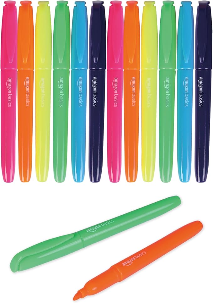 Amazon Basics Highlighters, Fluorescent Ink, Chisel Tip, Assorted Colors, School Supplies, 12 Pack