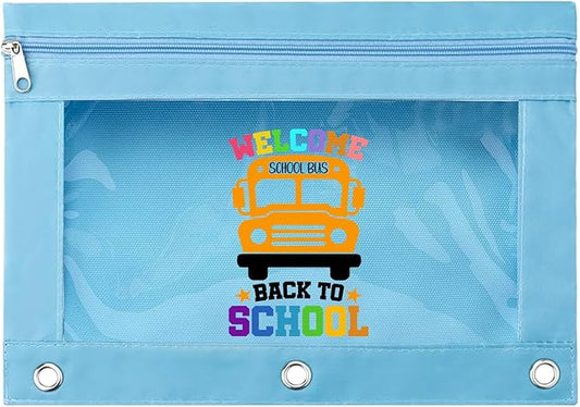 Pencil Pouch for 3 Ring Binder, School Bus Back to School Cartoon Pattern Zipper Pencil Case Bag with Clear Window