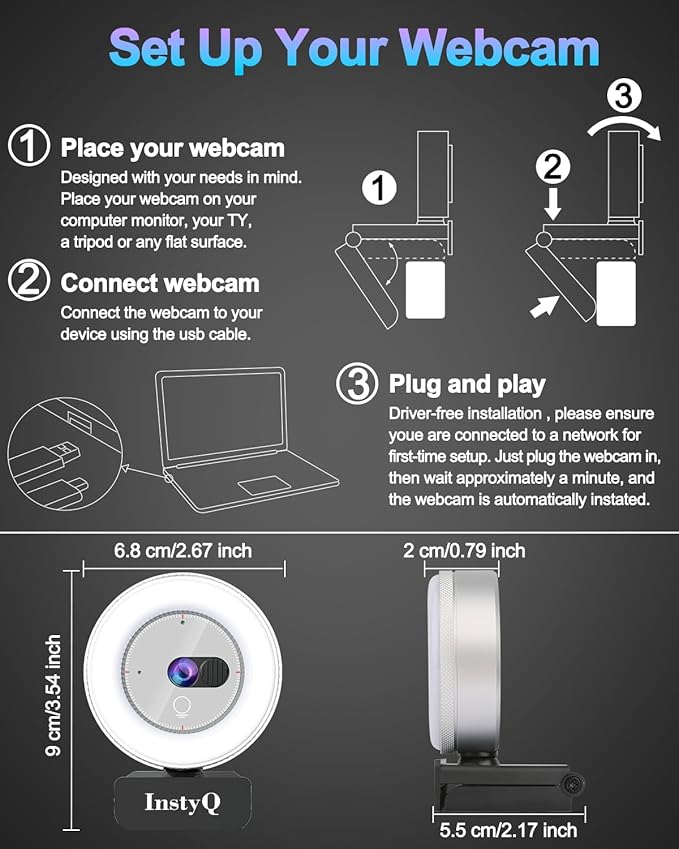 Webcam with Microphone, 2K Web Cam for PC/Desktop Computer/Laptop/MAC, Privacy Cover & Light, USB Plug and Play, Streaming Camera for Zoom/Skype/Teams/Video Calling/Studying and Conference