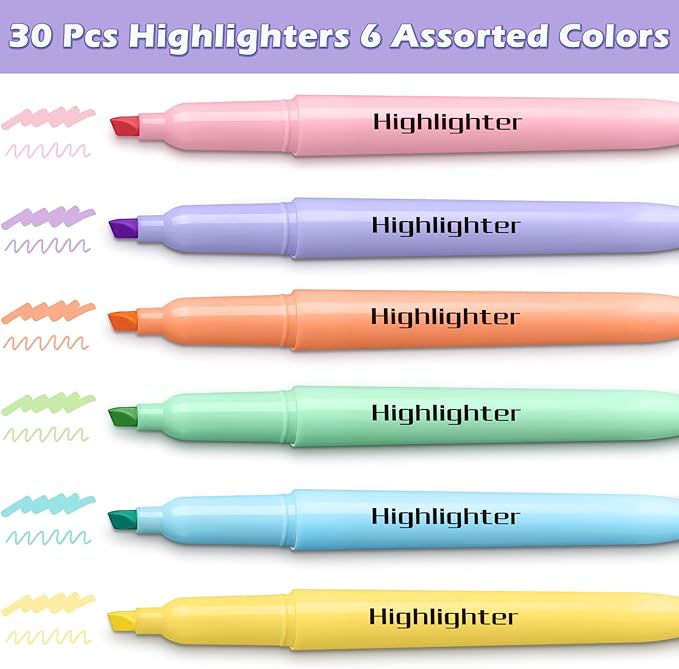 V-Opitos 30 Pack Highlighter in 6 Pastel Colors, No Bleed Highlighters, Bright Highlighters with Soft Chisel Tips, Ideal for Office and School Supplies