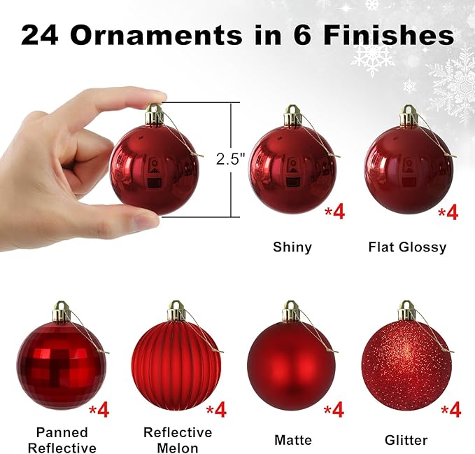 Rose Red 2.5" Christmas Balls Christmas Tree Decoration Ornaments Shatterproof Hanging Balls for Birthday Halloween Holiday Wedding Decorations Set of 24pcs