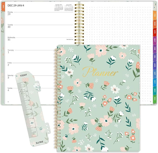 SUNEE 2026 Weekly and Monthly Planner - January 2026-December 2026, 8.5"x11" Half Weekly Half Note, Daily Agenda Planner with PVC Waterproof Cover, Monthly Tab, Note, Pockets, Bookmark, Wildflowers