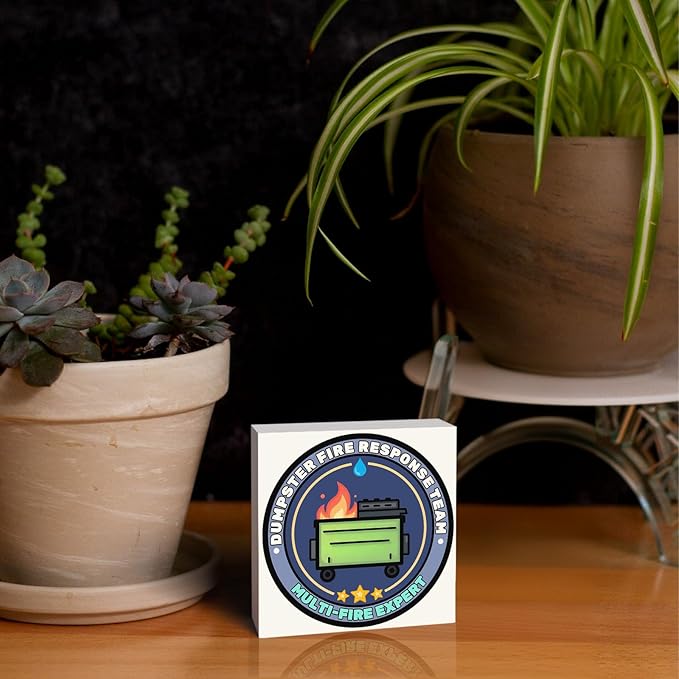 Funny Dumpster Fire Desk Decor Sign, Multi-Fire Expert Wooden Box Sign for Home Office Shelf Table, Fuuny Gifts for Women Men Coworkers Friends Employees, 5x5 Inch,AA089