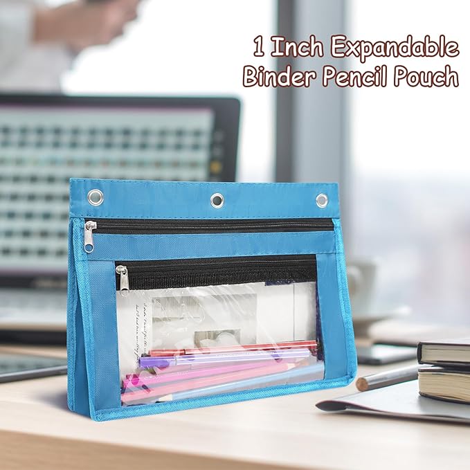 YoeeJob 1 Pack Pencil Pouch for 3 Ring Binder, Expandable Binder Pouches with Zipper, Large Capacity Pen Holder Case with Clear Window School Class Office Organizers, Sky Blue