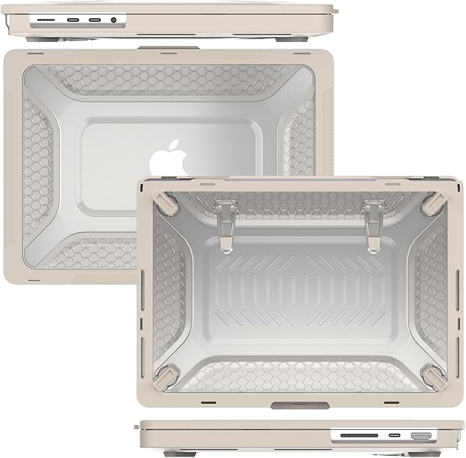 KEROM Heavy Duty Case for MacBook Pro 14 inch 2025-2021 M5 M4 M3 M2 M1 Chip A3434 A3112 A3185 A3401 A2918 A2992 A2779 A2442, Rugged TPU Bumper Hardshell with Foldable Kickstand & Keyboard Cover, Beige