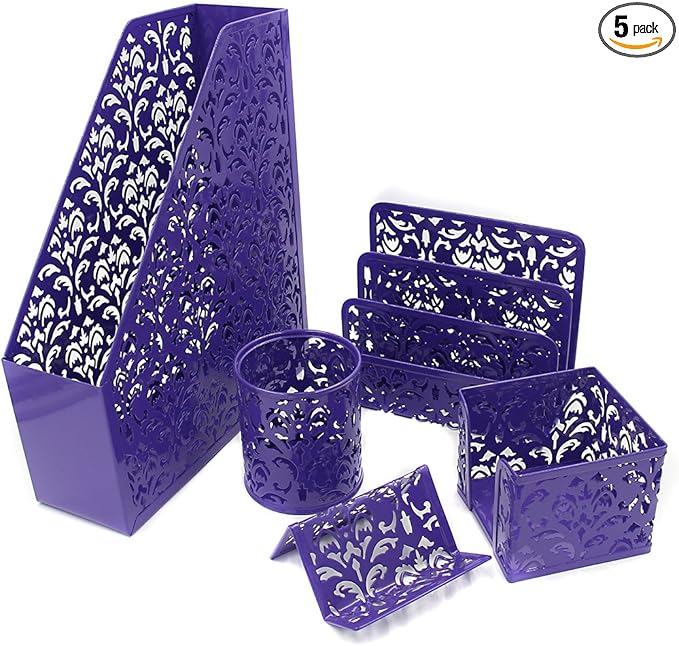 EasyPAG Desk Organizers and Accessories 5 Pieces Office Supplies Set - Vertical File Organizer, Pencil Cup for Desk, Mail Sorter Countertop, Business Card Holder and Sticky Note Holder, Purple