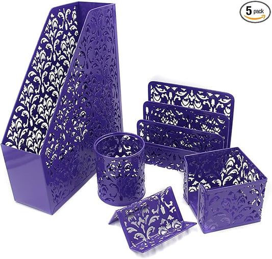 EasyPAG Desk Organizers and Accessories 5 Pieces Office Supplies Set - Vertical File Organizer, Pencil Cup for Desk, Mail Sorter Countertop, Business Card Holder and Sticky Note Holder, Purple