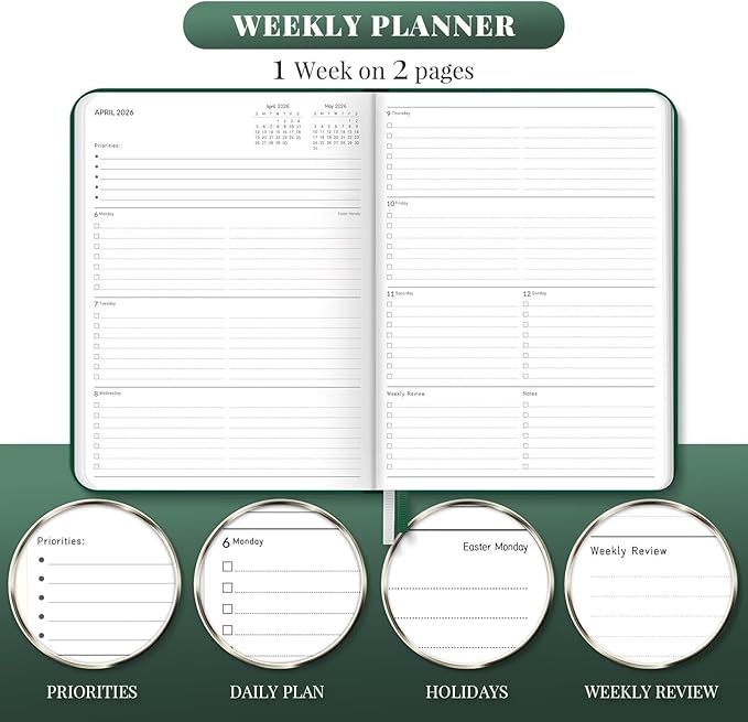 2026 Planner, Large Weekly and Monthly Planners, A4 Faux Leather Daily Calendar 2026 Planner, 12 Month Agenda from Jan. to Dec., Hardcover Habit Tracker Journal(Green)