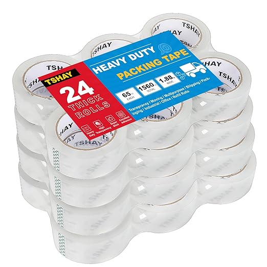 TSHAY Packing Tape, 24 Pack Heavy Duty Shipping and Moving Packing Tape, Clear, Packing and Moving Supplies, 1.88 inch Wide, 65 Yards Per Roll, Total 1560 Yards