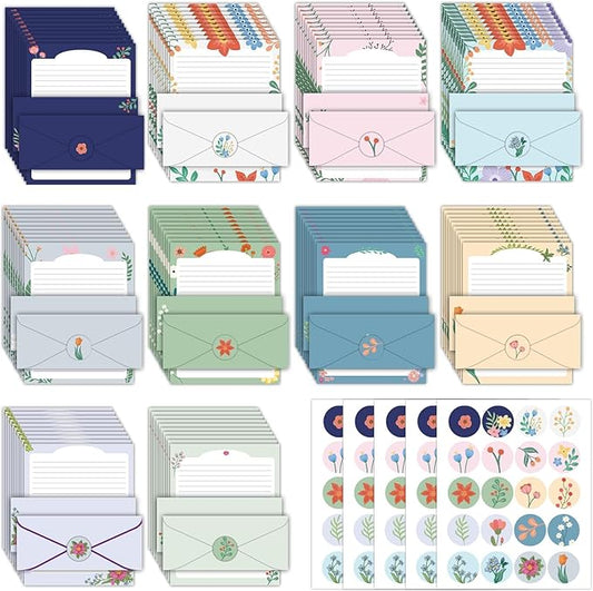 250Pcs Cute Stationery Paper and Envelope Set with 100 Letterhead Papers and 50 Envelopes,10 Design for Letter Writing Invitations Computer Holidays Party Notes, 8.5x11 Inch- Lined Flower