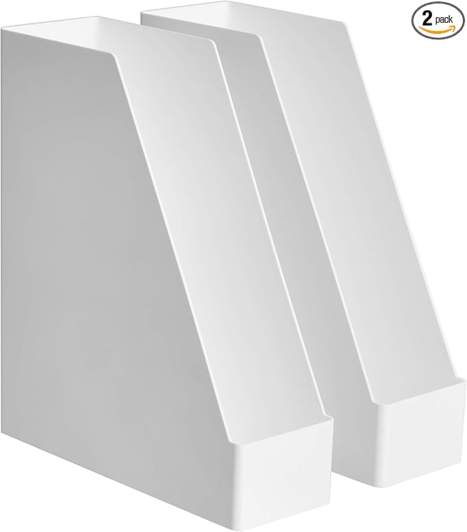 Amazon Basics Rectangular Plastic Desk Organizer, Magazine Rack, White, 2-Pack
