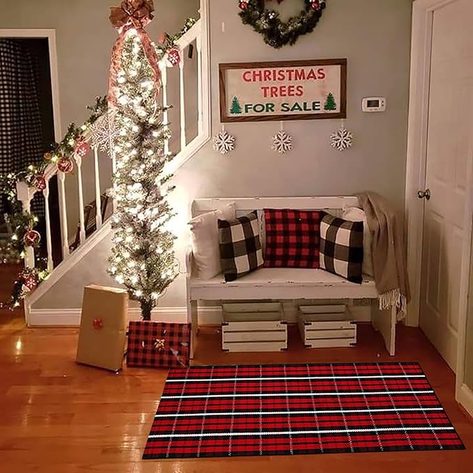 Buffalo Plaid Outdoor Rug Christmas Door Mat Christmas Decor Welcome Rug Cotton Hand-Woven Layered Door Mats for Front Porch, Kitchen, Farmhouse, Entryway (24"x51", Red/Black/White)