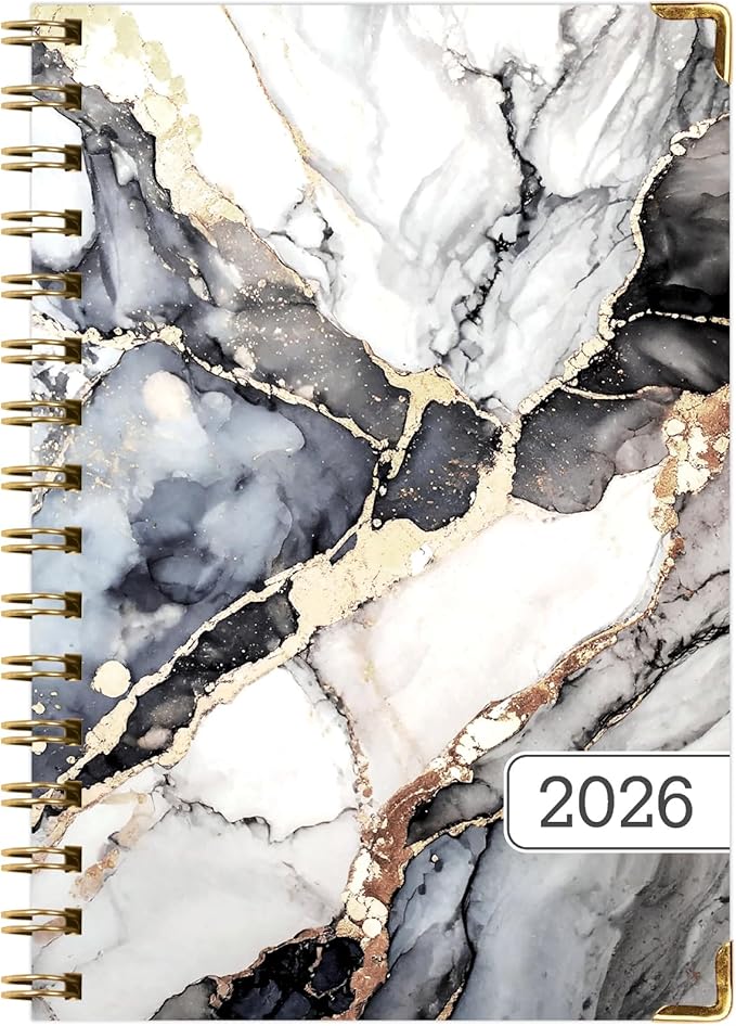 HARDCOVER 2026 Planner, 5.5"x8": 14 Months (November 2025 - December 2026), Daily Weekly Monthly Planner, Yearly Agenda, Bookmark, Pocket Folder and Sticky Note Set (Black Gold Marble)