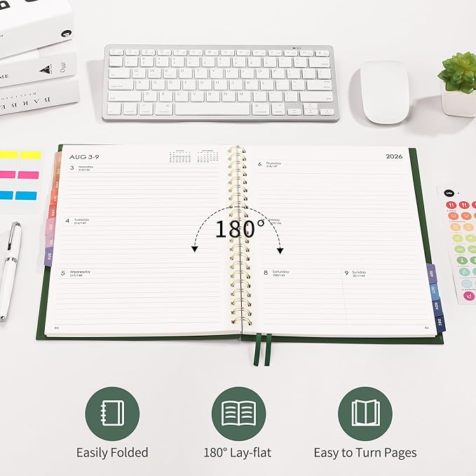 RETTACY 2026 Planner, Weekly and Monthly, Large Size (8.5" x 11"), Jan - Dec 2026, Agenda, Calendar, 12 Month Tabs, Flexible Plastic Cover, 100 GSM Thick Paper, Spiral-bound (Dark Green)