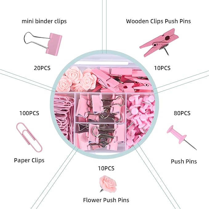 Pink Desk Accessories,220PCS Paper Clips and Binder Clips Small with Decorative Push Pins Cips for School Home Office Aesthetic Desk Accessories