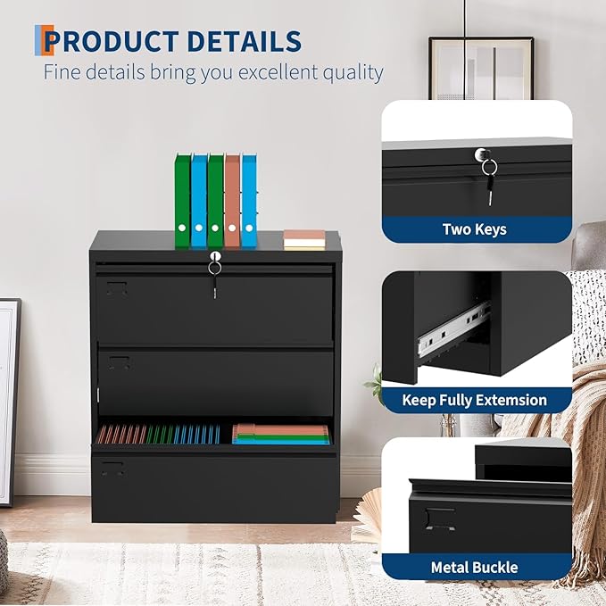 3 Drawer Lateral File Cabinet with Lock and Keys, Metal Lateral Filing Cabinet Storage, Fit Letter/Legal/A4 Size Documents, for Home Office Workspaces