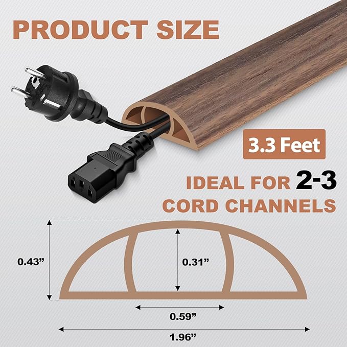Floor Cord Cover for Wires on Floor Self Adhesive Cord Hider Floor Cable Management Wire Covers for Cords Protector Prevent Cable Trips Cord Cavity W 0.59" x H 0.31", Misty Brown Wood, 3.3Ft