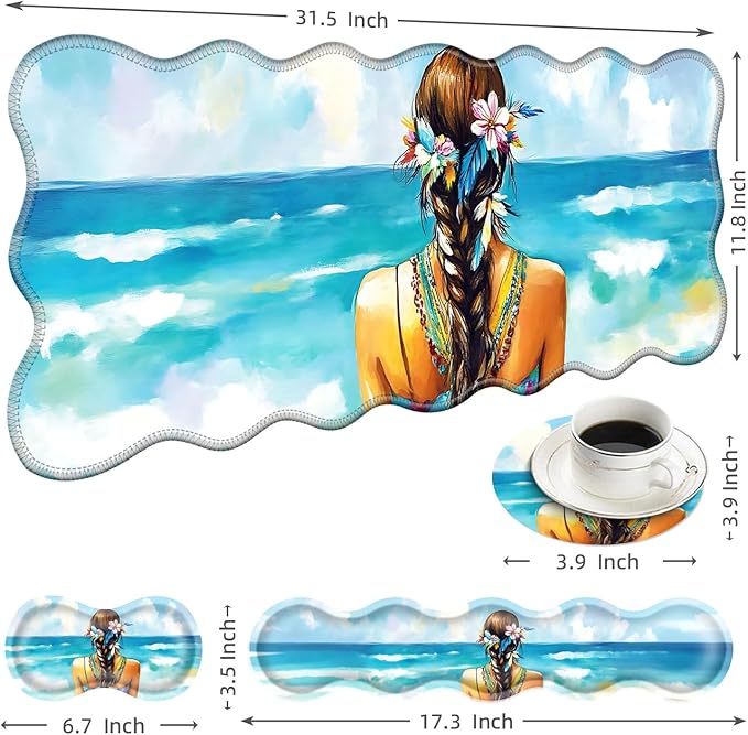 Large Mouse Pad and Keyboard Wrist Rest, Desk Pad for Keyboard and Mouse, 4-in-1 Large Gaming Mouse Pad with Wrist Support, Desk Mat for Home Office Study Game-Girl with Floral and Feather