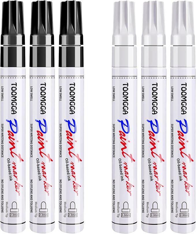 White and Black Permanent Markers Paint Pens - 6 Pack Oil Based Paint Markers, Medium Tip, Quick Drying Pens for Wood, Metal, Rock Painting, Mugs, Canvas, Clothes, Plastic Marking