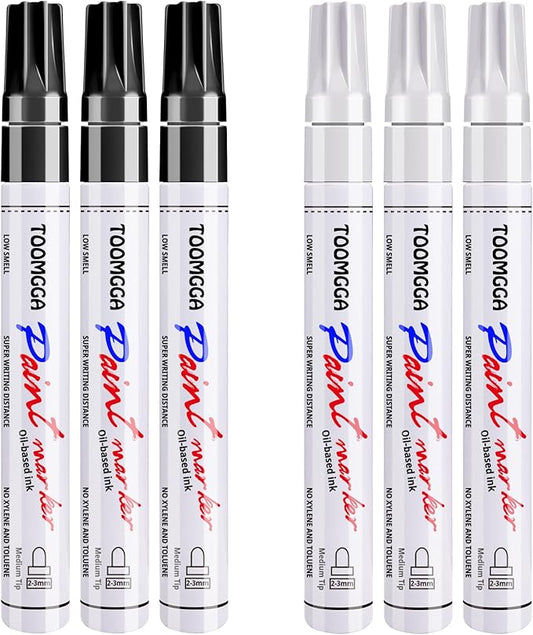 White and Black Permanent Markers Paint Pens - 6 Pack Oil Based Paint Markers, Medium Tip, Quick Drying Pens for Wood, Metal, Rock Painting, Mugs, Canvas, Clothes, Plastic Marking