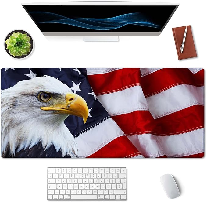 SSOIU Gaming Mouse Pad, Extended Mouse Pad, 35.5x15.7inch XXL Large Big Computer Keyboard Mouse Mat Desk Pad with Non-Slip Base and Stitched Edge for Home Office Gaming Work, Eagle on American Flag