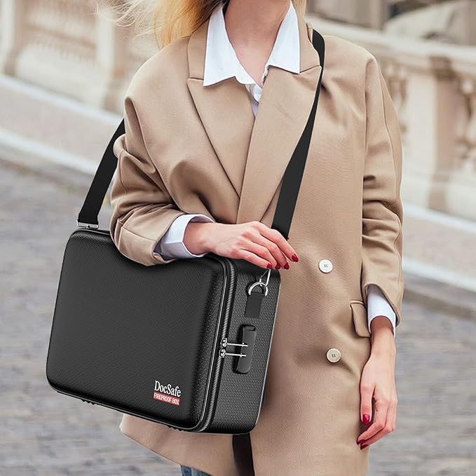 DocSafe Fireproof Document Box with Lock＆Shoulder Strap, Hard-Shell Case File Organizer with Accordion File Folder, Multi-Layer Portable Home Office Travel Safe Storage for Important Documents Laptop