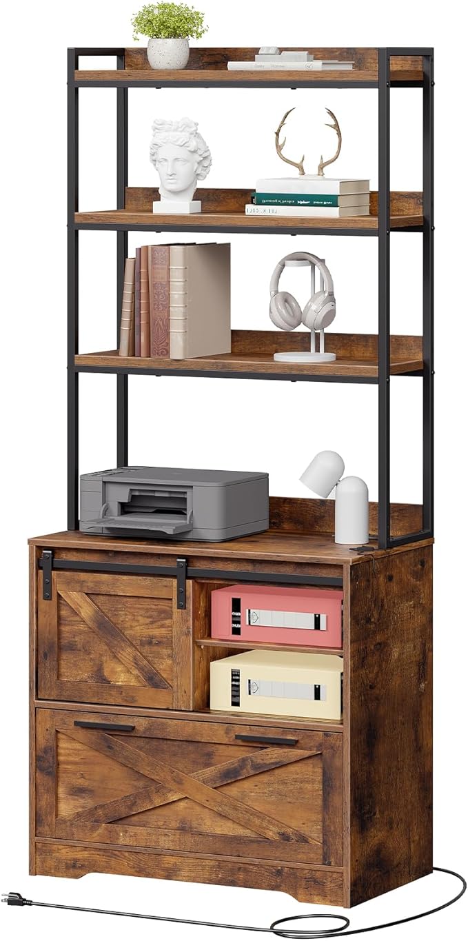 File Cabinet with Charging Station, Vertical Filing Cabinet with Shelves, File Cabinet for Home Office, Printer Stand with Storage Shelves & Barn Doors, Fits A4/Letter Files, Rustic