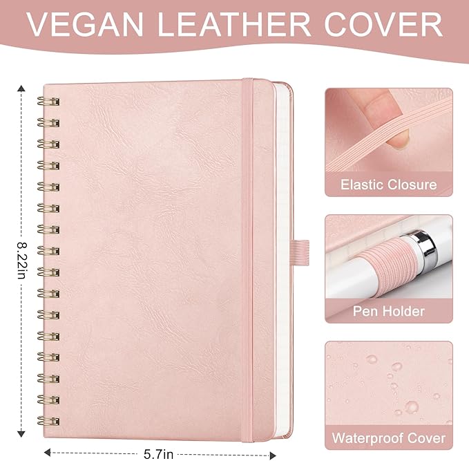 AHGXG Lined Spiral Notebook Journal for Women, Hardcover Leather Notebook College Ruled 140 Pages, A5 5.7" x 8.3", 100 GSM Thick Paper, Notebooks for School Work, Journals for Writing, Rose Gold