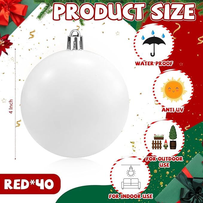 40 Pcs Christmas Ball Ornaments 4 Inch UV Resistant and Waterproof Shatterproof Shiny Plastic Christmas Tree Hanging Ornaments Decoration for Indoor Outdoor Holiday Party(Matte White)