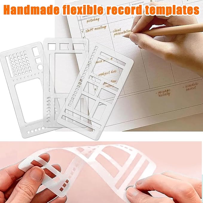 Handmade Flexible Record Template, Planner Stencil Set for Dot Grid Journals, Flexible Drawing and Checklist Templates, for Journaling Checklists Boxes Lines & Daily Planning, Set of 3 Pack (C)